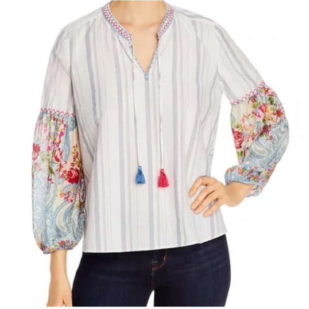 Johnny Was Striped Blouse with Floral Sleeves - Blue and Red